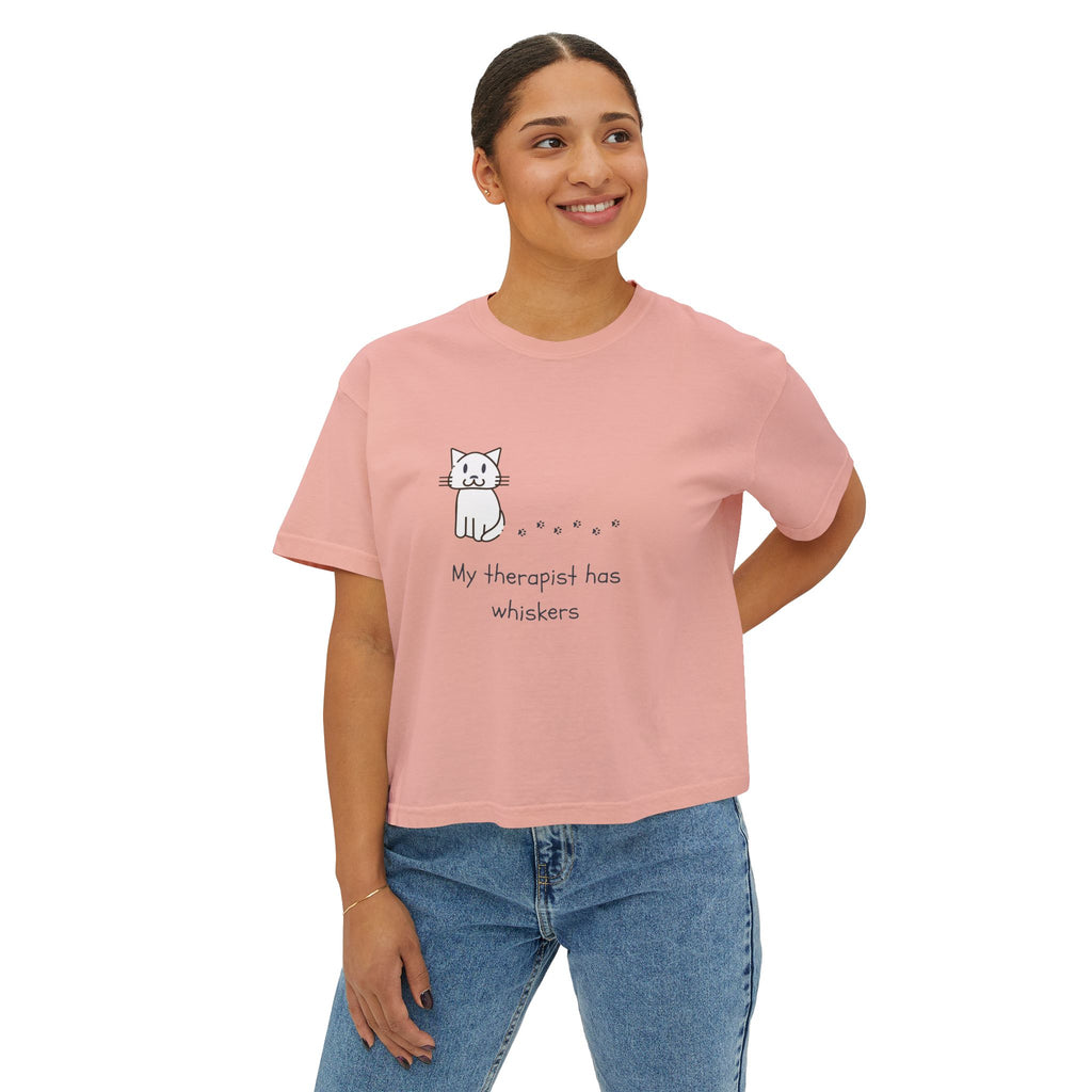 Cat Therapy Boxy Tee — "My therapist has whiskers" Cute Cat Lover Shirt