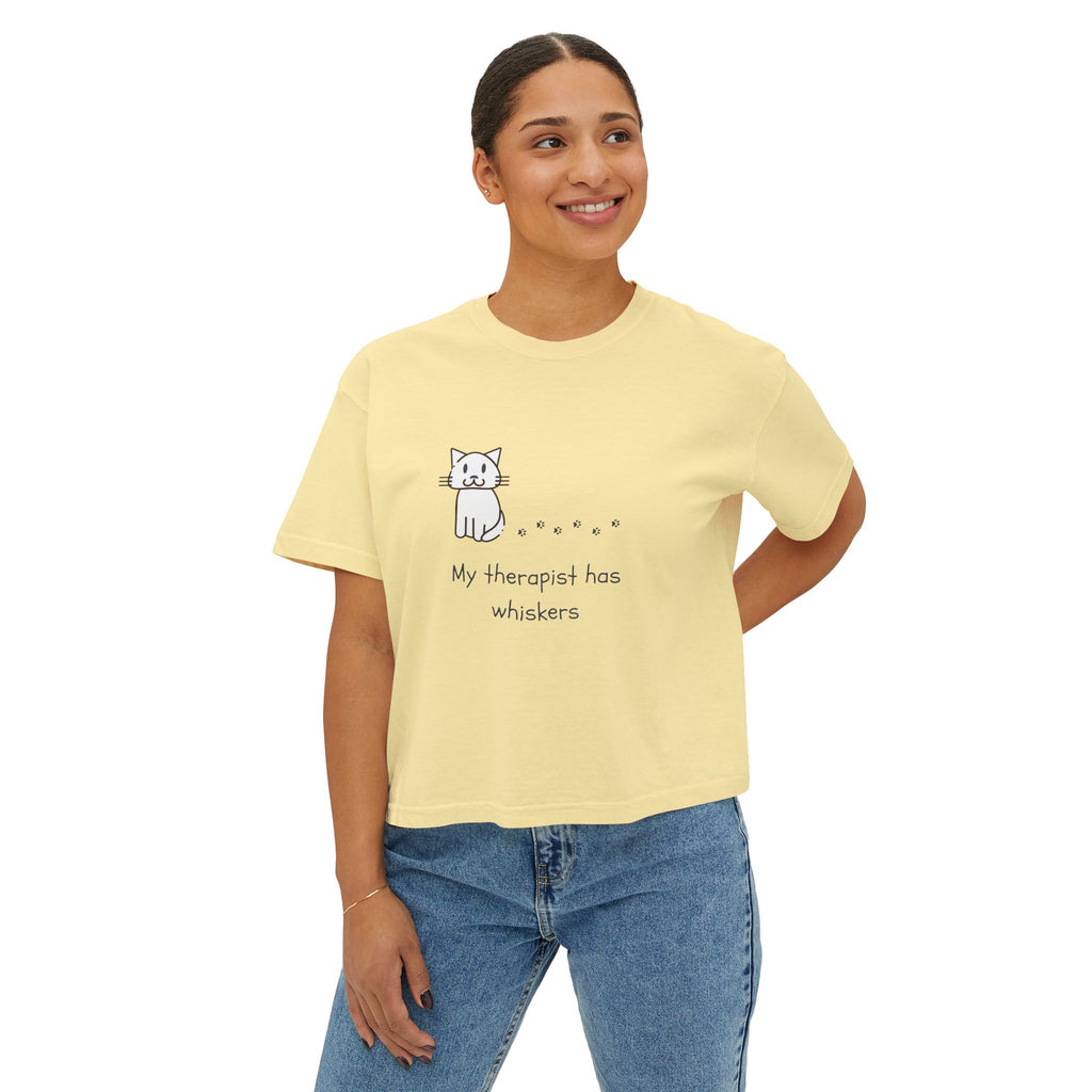 Cat Therapy Boxy Tee — "My therapist has whiskers" Cute Cat Lover Shirt