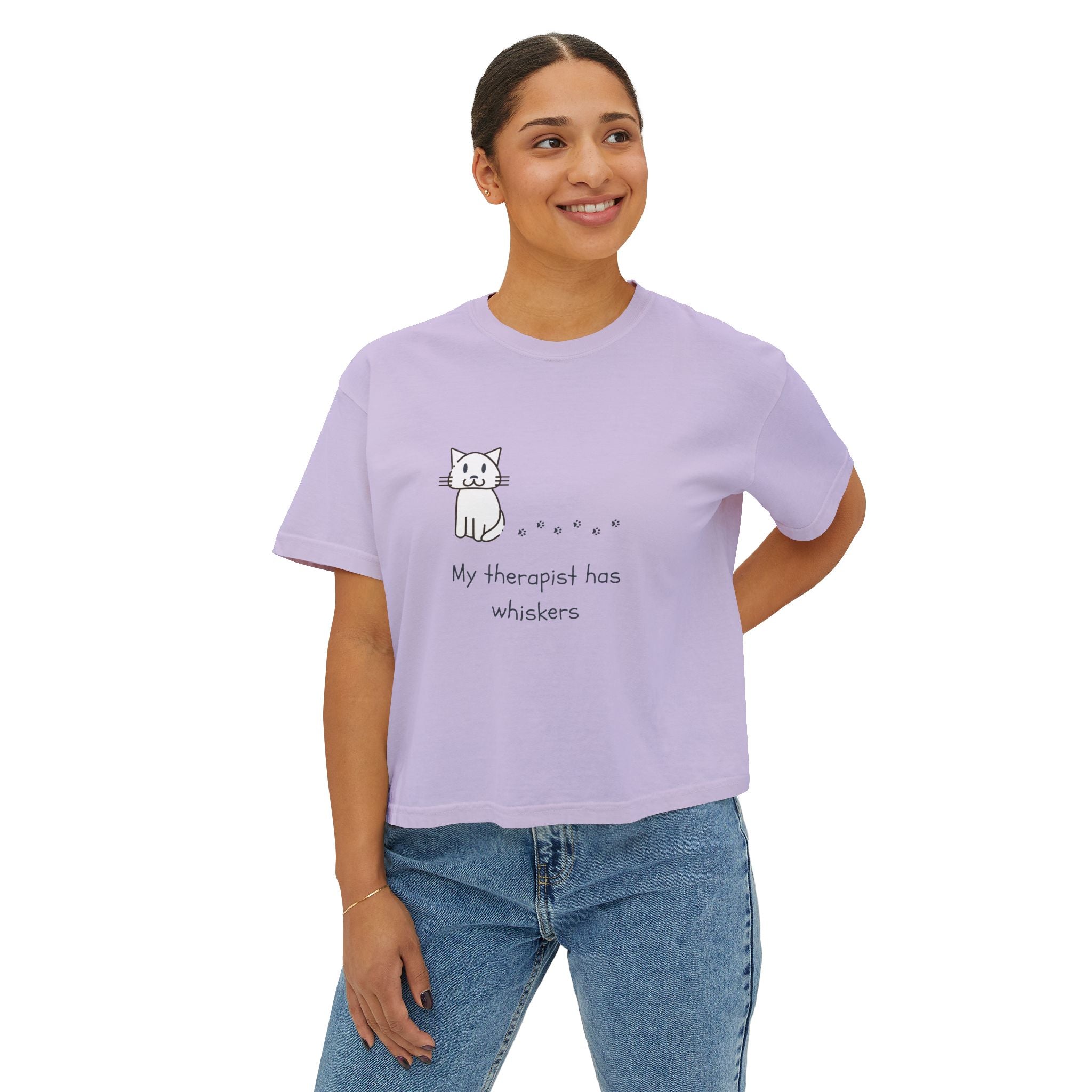 Cat Therapy Boxy Tee — "My therapist has whiskers" Cute Cat Lover Shirt