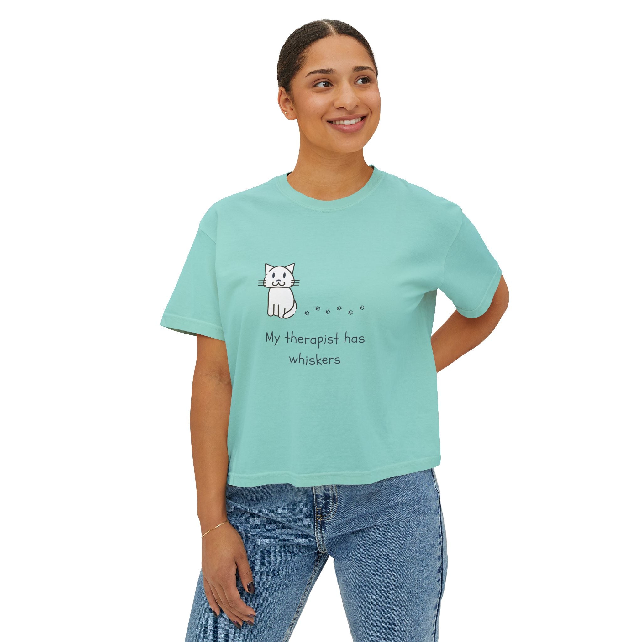 Cat Therapy Boxy Tee — "My therapist has whiskers" Cute Cat Lover Shirt