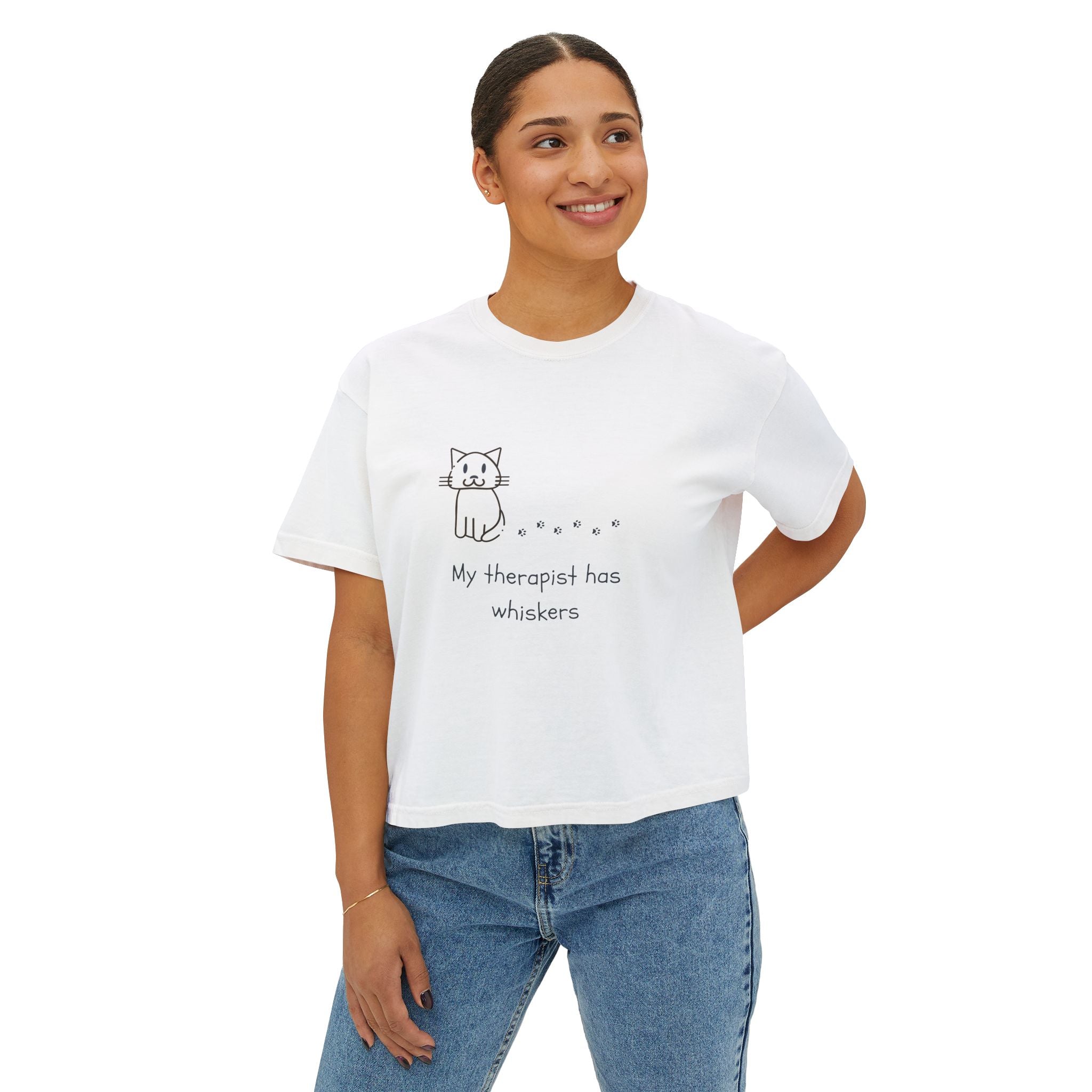 Cat Therapy Boxy Tee — "My therapist has whiskers" Cute Cat Lover Shirt